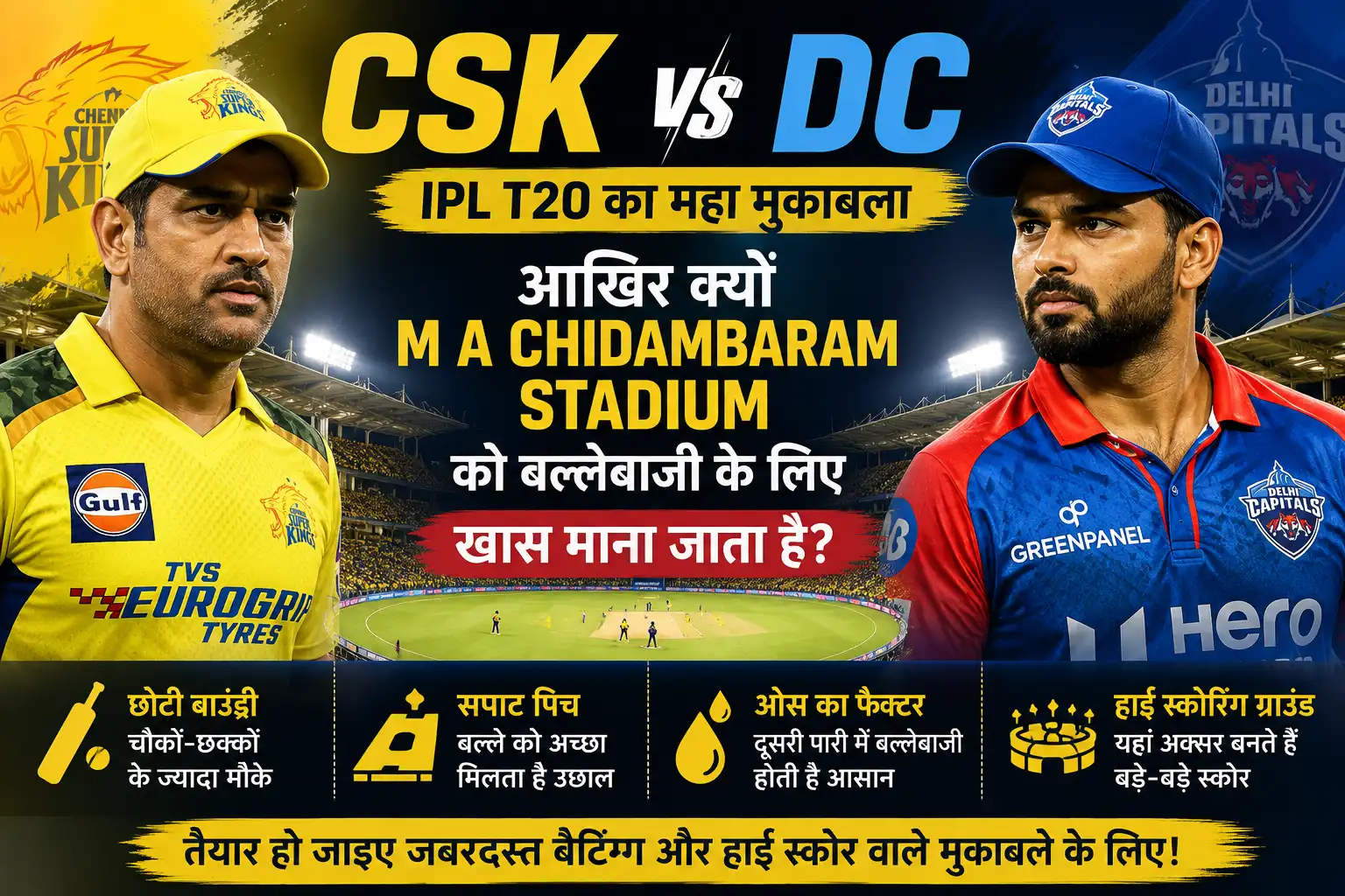 <span class="title-highlight-color">CSK vs DC IPL T20 का महा मुकाबला:</span> आखिर क्यों M A Chidambaram Stadium को बल्लेबाजी के लिए खास माना जाता है।