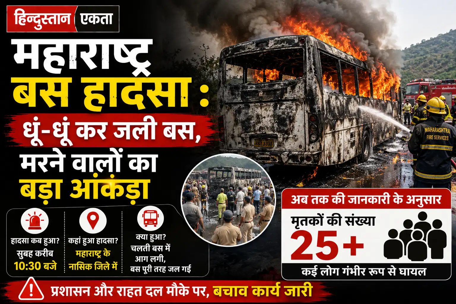 <span class="title-highlight-color">Maharashtra Bus Accident :</span> धूं-धूं कर जली बस, मरने वालों का बड़ा आंकड़ा