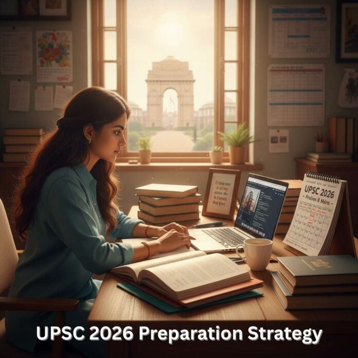 "Student implementing UPSC 2026 Preparation Strategy with books, laptop, and study notes on desk, symbolizing focus and dedication for civil services exam."