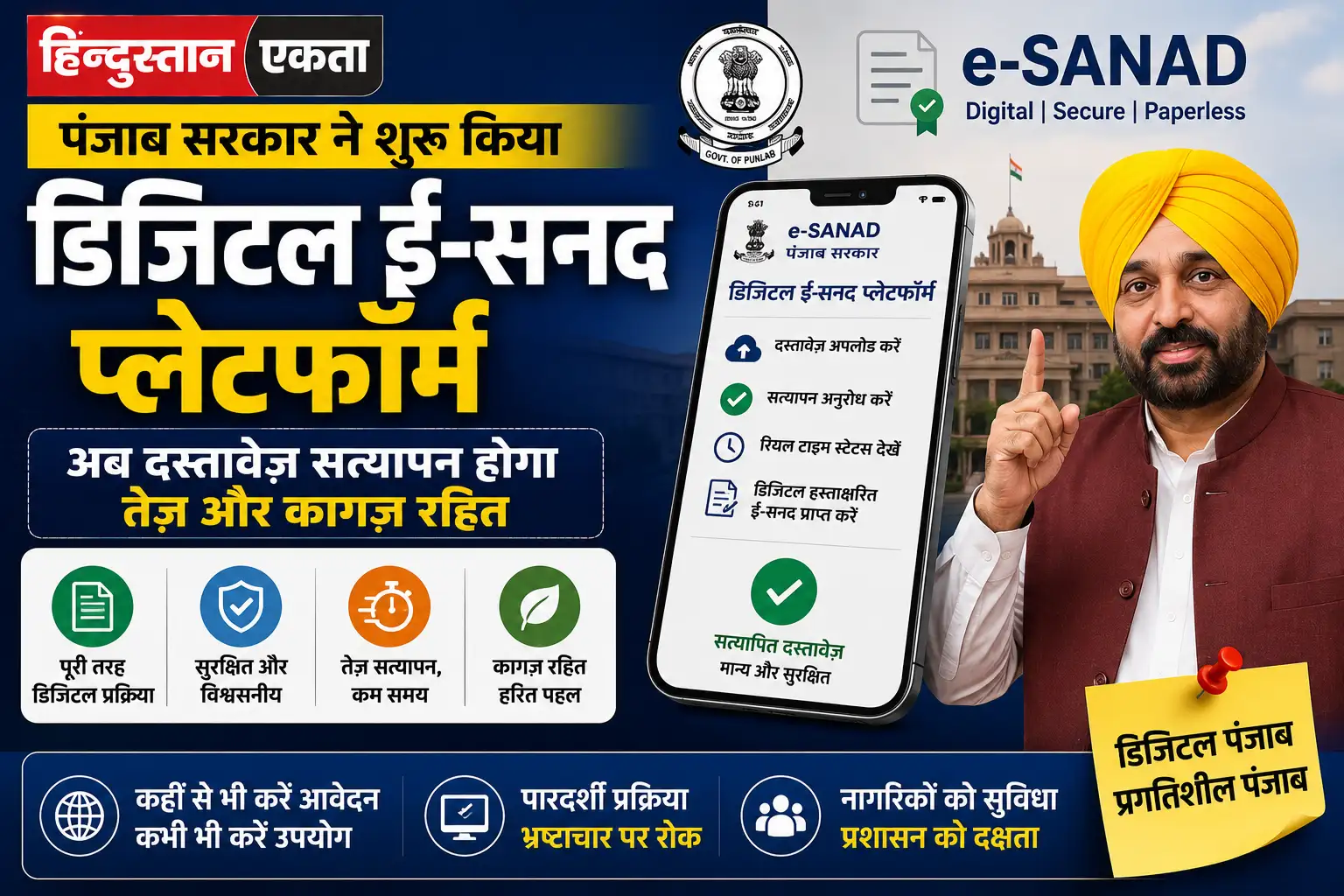 पंजाब सरकार ने शुरू किया डिजिटल ई-सनद प्लेटफॉर्म, अब दस्तावेज़ सत्यापन होगा तेज और कागज़ रहित