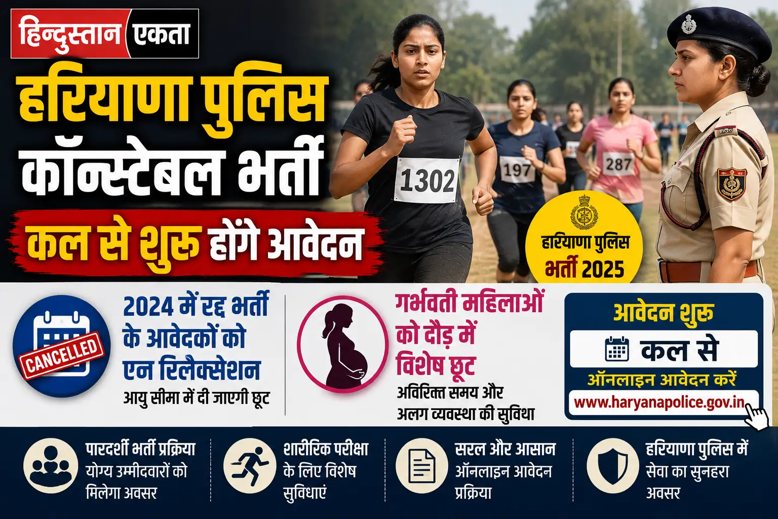 2024 में रद्द भर्ती के आवेदकों को एज रिलैक्सेशन, गर्भवती महिलाओं को दौड़ में विशेष छूट, हरियाणा पुलिस कॉन्स्टेबल भर्ती कल से शुरू होंगे आवेदन