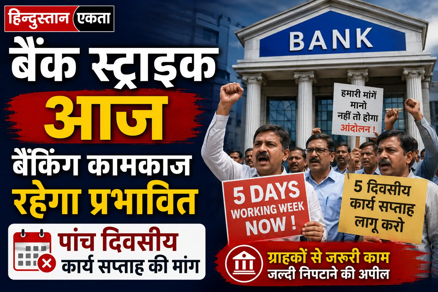 <span class="title-highlight-color">Bank strike Today:</span> आज बैंकिंग कामकाज रहेगा प्रभावित, पांच दिवसीय कार्य सप्ताह की मांग
