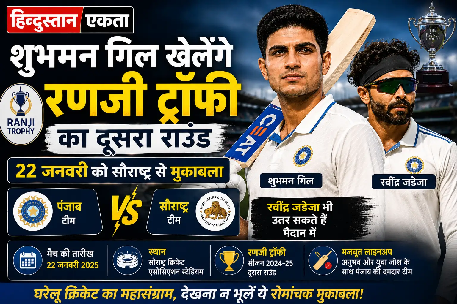 शुभमन गिल खेलेंगे रणजी ट्रॉफी का दूसरा राउंड, 22 जनवरी को सौराष्ट्र से मुकाबला; रवींद्र जडेजा भी उतर सकते हैं मैदान में