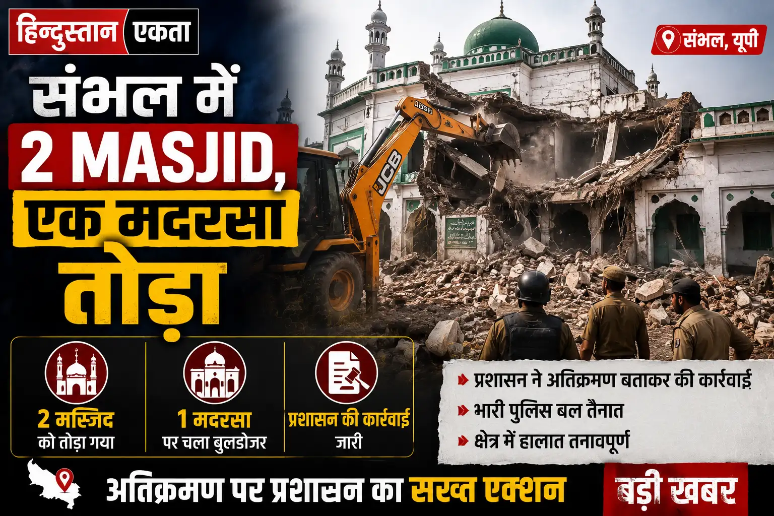संभल में 2 Masjid, एक मदरसा तोड़ा
