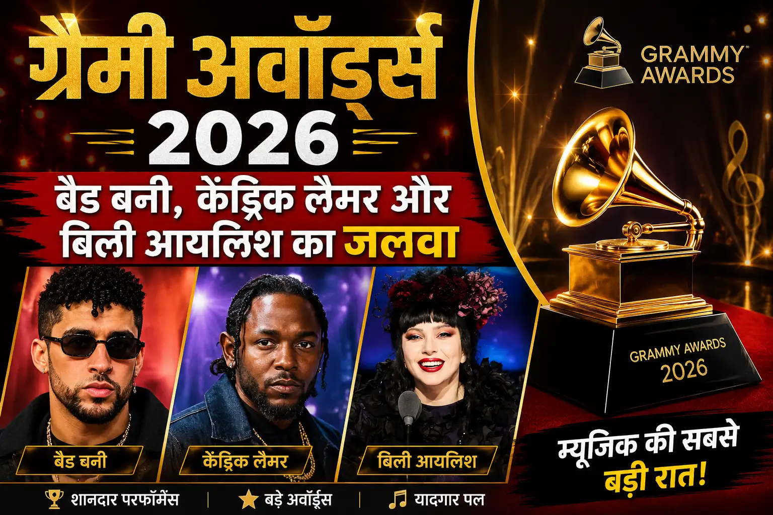 <span class="title-highlight-color">ग्रैमी अवॉर्ड्स 2026:</span> बैड बनी, केंड्रिक लैमर और बिली आयलिश का जलवा