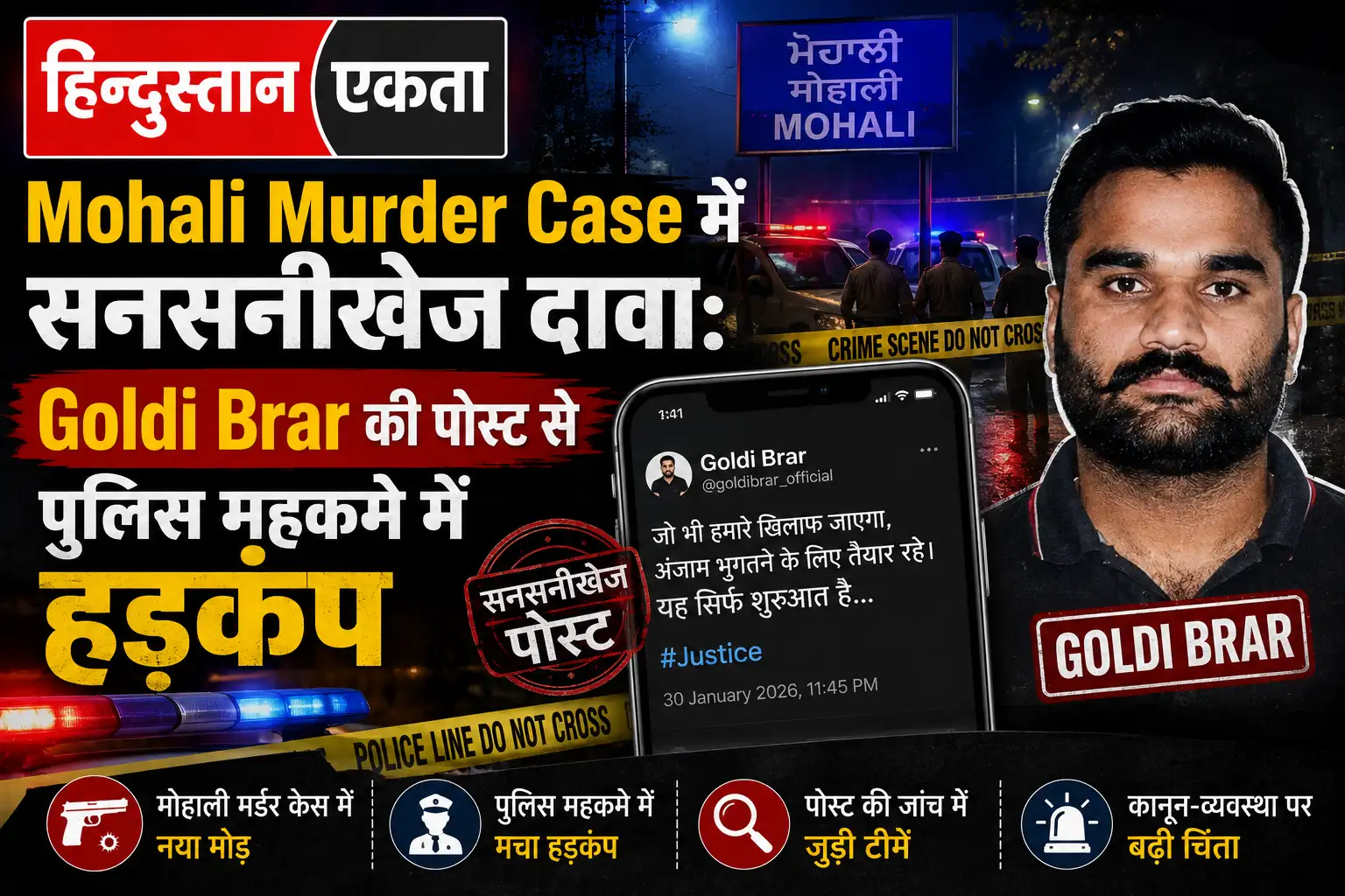 <span class="title-highlight-color">Mohali Murder Case में सनसनीखेज दावा:</span> Goldi Brar की पोस्ट से पुलिस महकमे में हड़कंप