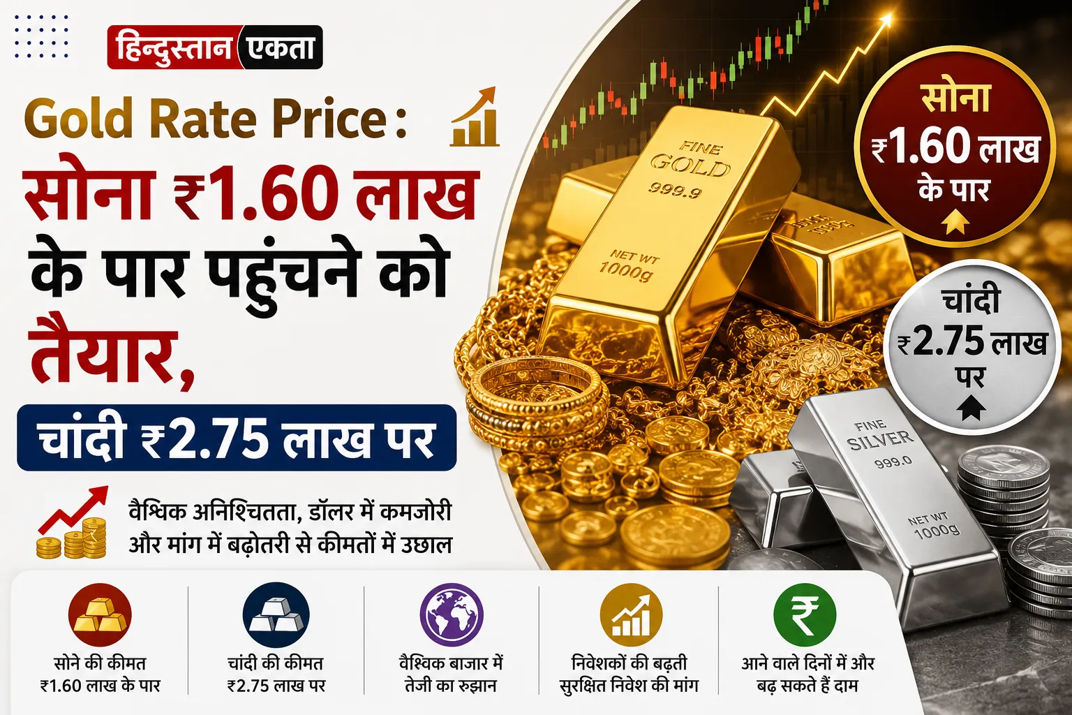 <span class="title-highlight-color">Gold Rate Price :</span> सोना ₹1.60 लाख के पार पहुंचने को तैयार, चांदी ₹2.75 लाख पर