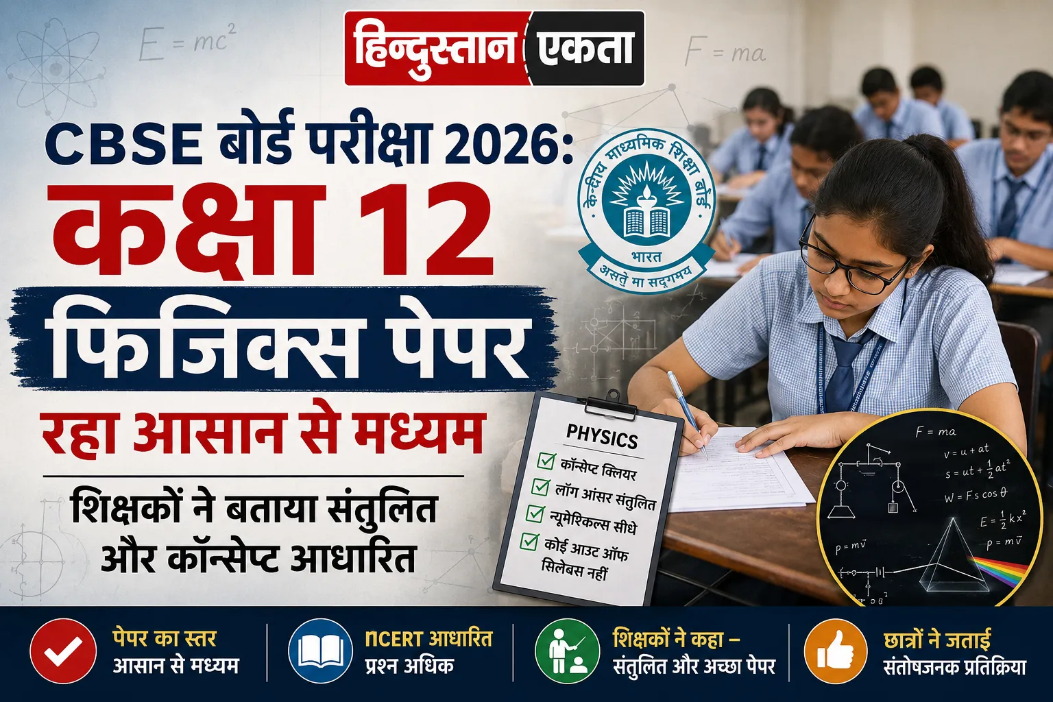 <span class="title-highlight-color">CBSE बोर्ड परीक्षा 2026:</span> कक्षा 12 फिजिक्स पेपर रहा आसान से मध्यम, शिक्षकों ने बताया संतुलित और कॉन्सेप्ट आधारित