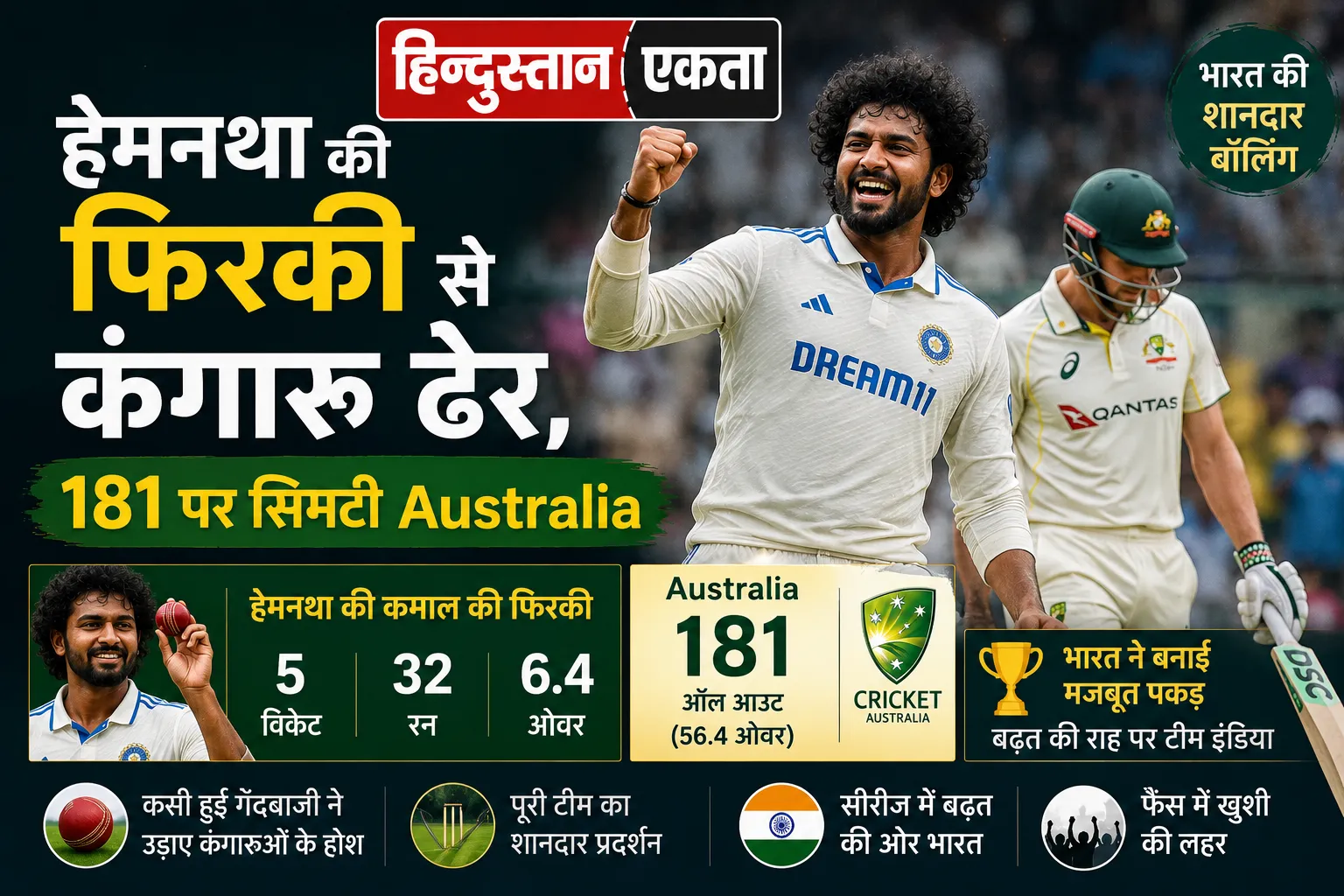 हेमनथा की फिरकी से कंगारू ढेर, 181 पर सिमटी Australia