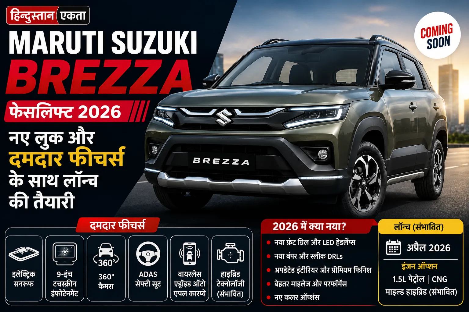 <span class="title-highlight-color">Maruti Suzuki Brezza फेसलिफ्ट 2026:</span> नए लुक और दमदार फीचर्स के साथ लॉन्च की तैयारी