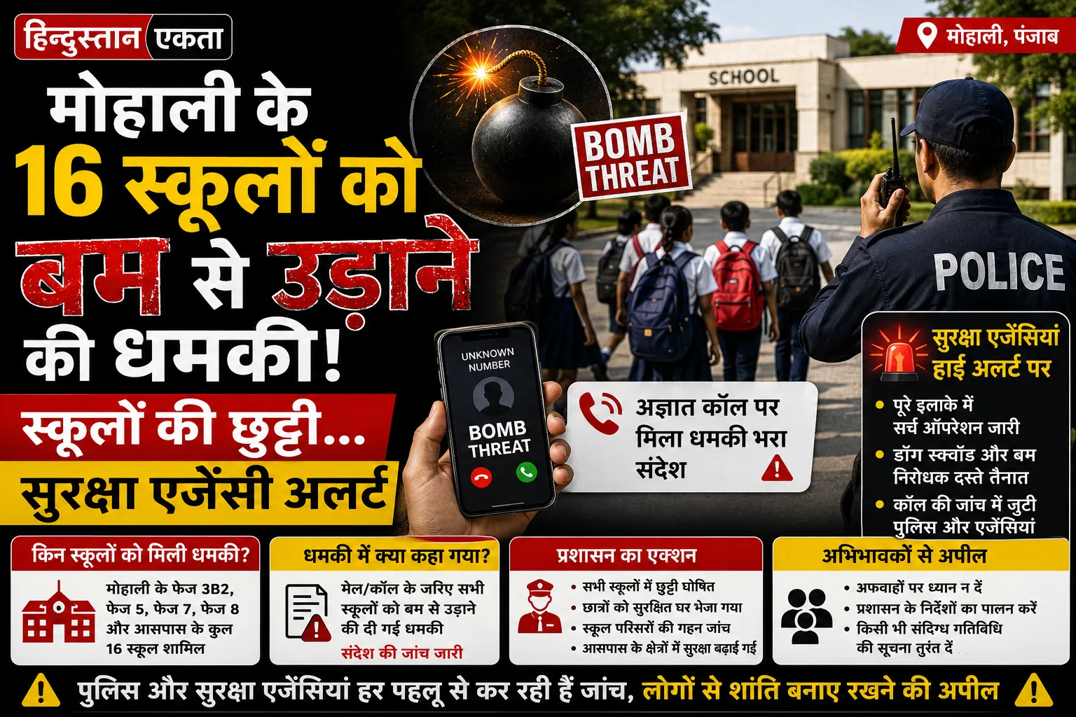 मोहाली के 16 स्कूलों को बम से उड़ाने की धमकी, स्कूलों की छुट्टी… सुरक्षा एजेंसी अलर्ट