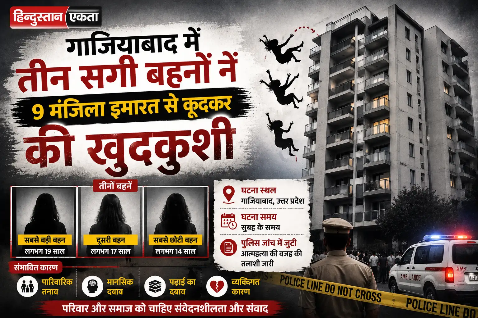 गाजियाबाद में तीन सगी बहनों ने 9 मंजिला इमारत से कूदकर की खुदकुशी