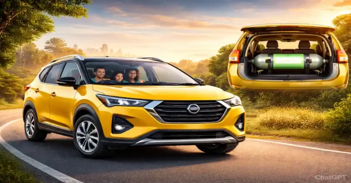 पीली Nissan Gravite MPV डुअल-सिलेंडर CNG के साथ सड़क पर खड़ी