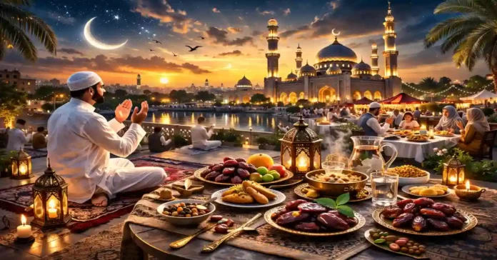 रमजान 2026 भारत में इफ्तार और सेहरी का दृश्य रमजान 2026 इफ्तार दृश्य मस्जिद, चांद और प्रार्थना