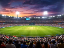 फ्लडलाइट में रोशनी से जगमगाता क्रिकेट स्टेडियम, प्रतीकात्मक तस्वीर