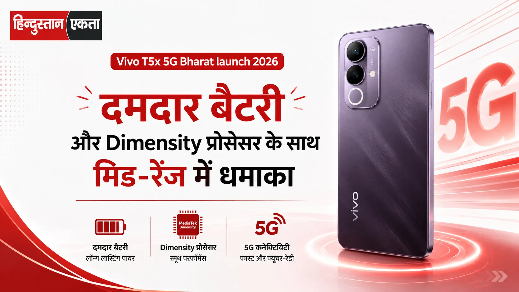 <span class="title-highlight-color">Vivo T5x 5G Bharat launch 2026:</span> दमदार बैटरी और Dimensity प्रोसेसर के साथ मिड‑रेंज में धमाका