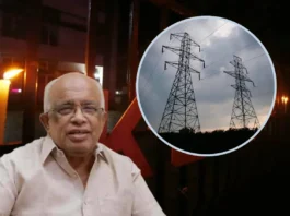 Kerala power outage update showing electricity minister K Krishnankutty with power transmission towers and candle during blackout