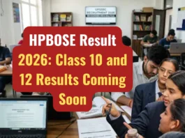 HPBOSE 2026 result announcement banner showing class 10 and 12 students with exam papers and laptop in classroom