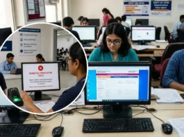 Students appearing for NEET UG 2026 exam at a computer center where biometric verification failed but entry allowed as per NTA decision