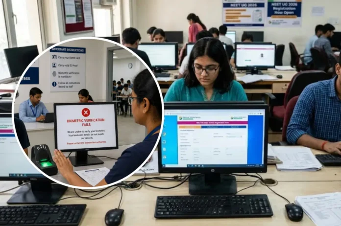 Students appearing for NEET UG 2026 exam at a computer center where biometric verification failed but entry allowed as per NTA decision