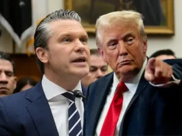US Congress hearing where Pete Hegseth speaks as Donald Trump looks on during a heated debate with lawmakers over policy issues