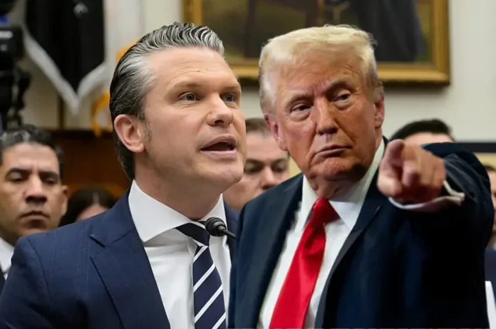 US Congress hearing where Pete Hegseth speaks as Donald Trump looks on during a heated debate with lawmakers over policy issues