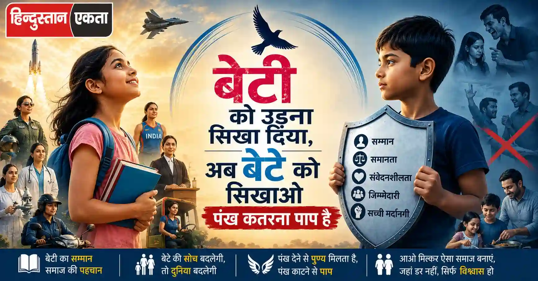 बेटी को उड़ना सिखाया, अब बेटे को सिखाओ पंख कतरना पाप है” सामाजिक जागरूकता पोस्टर जिसमें बेटियों के सशक्तिकरण और बेटों को सम्मान सिखाने का संदेश दिया गया है