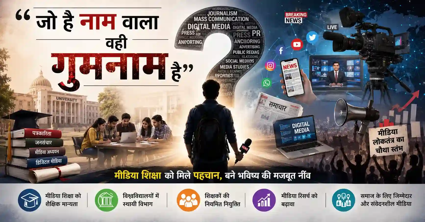 पत्रकारिता और जनसंचार शिक्षा को दर्शाती इमेज जिसमें मीडिया, विश्वविद्यालय और डिजिटल पत्रकारिता के प्रतीक दिखाई दे रहे हैं