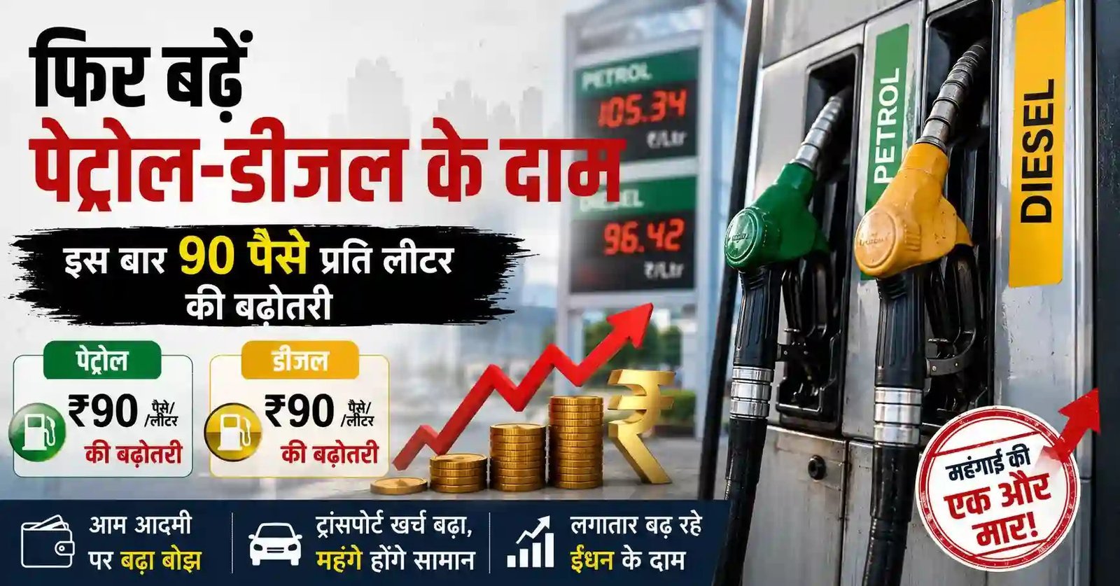 फिर बढ़े Petrol-Diesel के Price, इस बार 90 पैसे प्रति लीटर की बढ़ोतरी