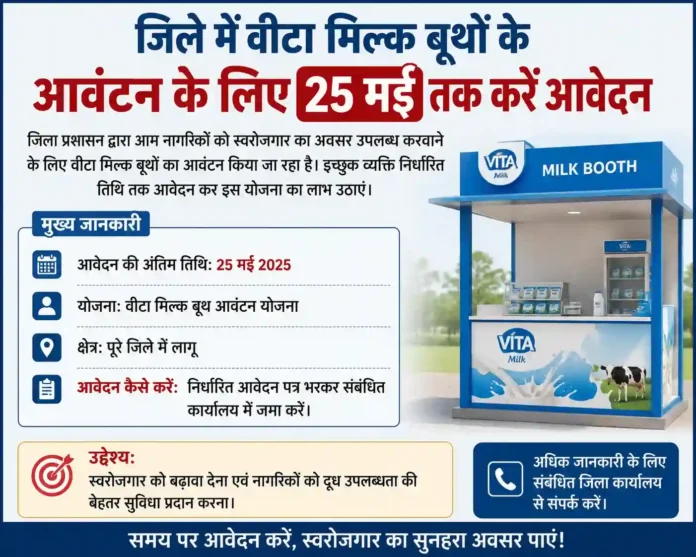 वीटा मिल्क बूथ आवंटन योजना का पोस्टर, जिसमें 25 मई तक आवेदन करने की जानकारी दी गई है।